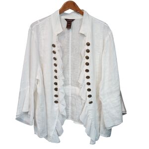 Multiples Linen Military Boho Ruffle Open Jacket White Plus Size 3X